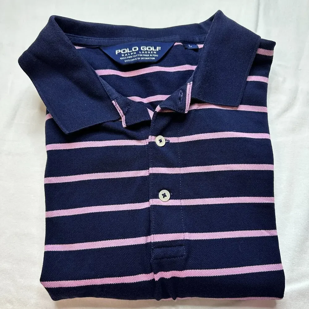 RLX Ralph Lauren Golf Polo Men’s Large Striped Pink Blue Moisture Wicking